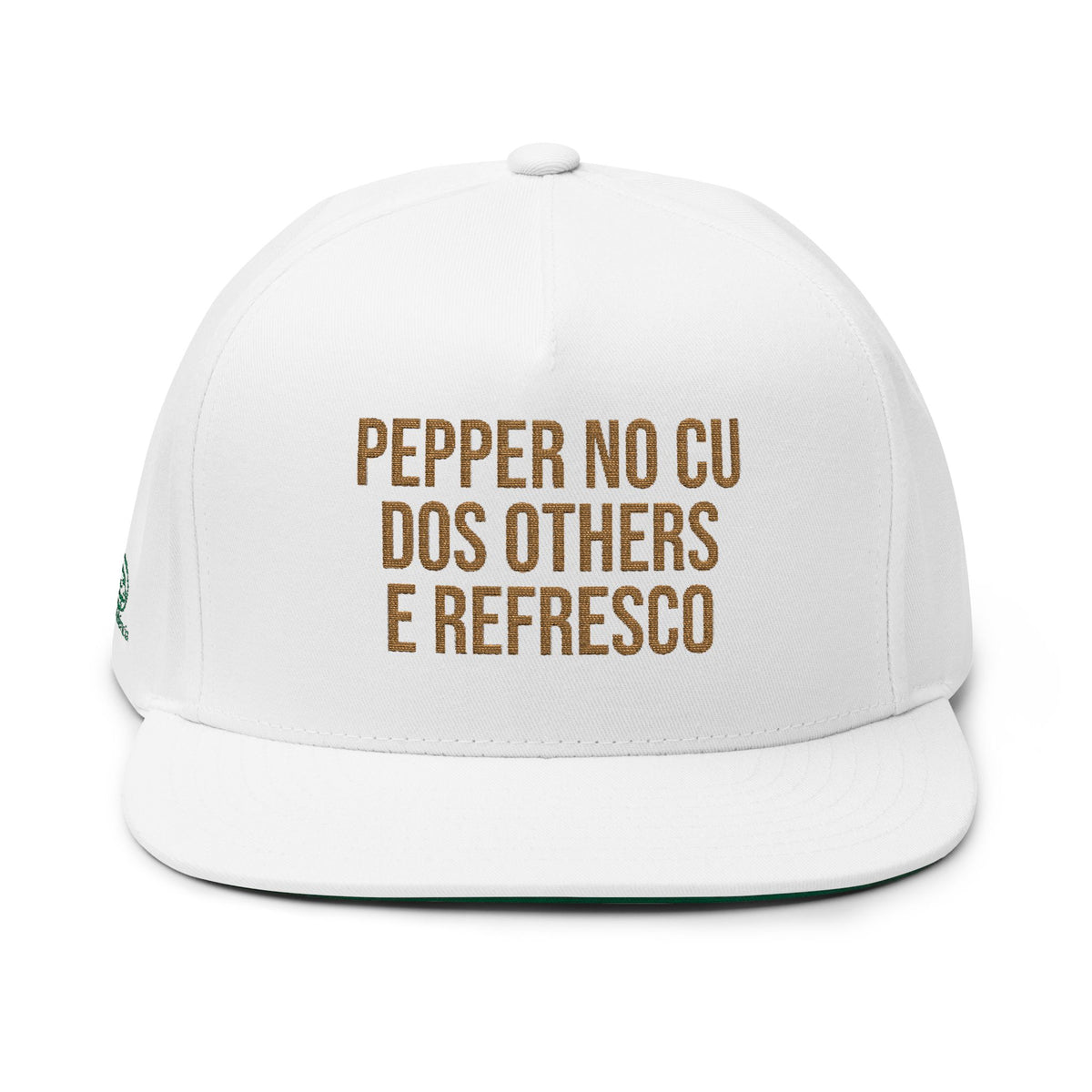 Embroidered Flat Bill Cap — 'PEPPER NO CU DOS OTHERS E REFRESCO' Statement Snapback