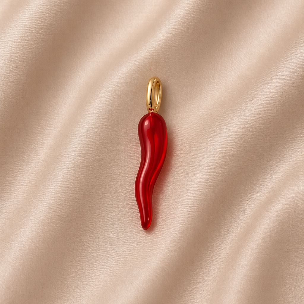 Red chili pepper-shaped pendant on a beige fabric background