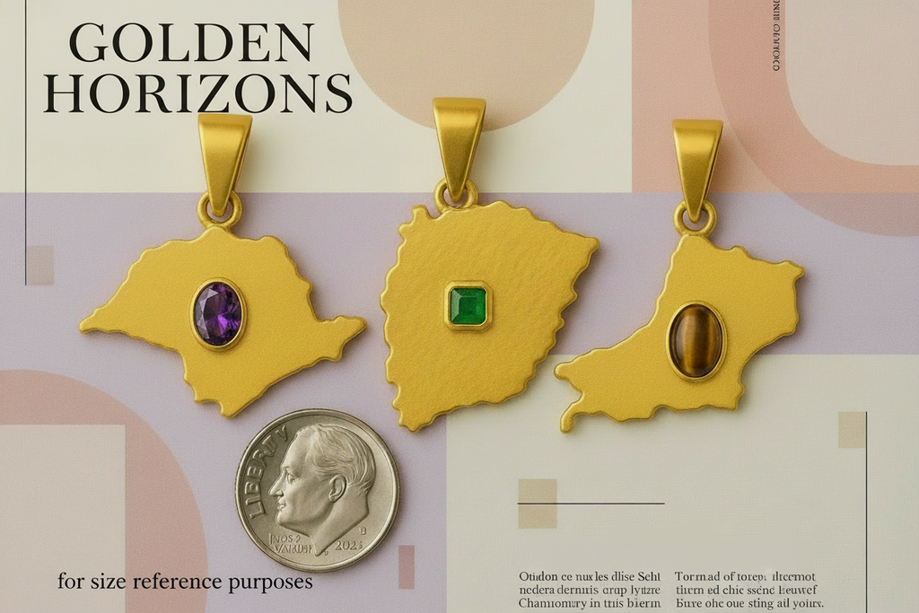 Three gold pendants with gemstones on a size reference coin against a patterned background.