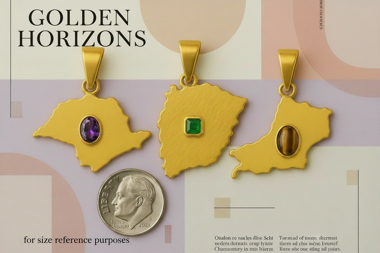 Three gold pendants with gemstones on a size reference coin against a patterned background.